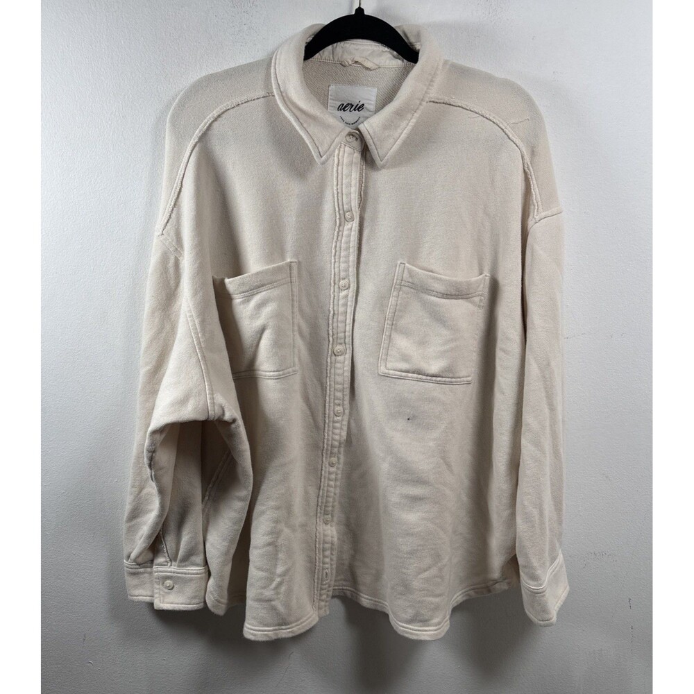 Aerie Women’s L Oversized Shacket Button Front Sweatshirt Cream Cotton Utility